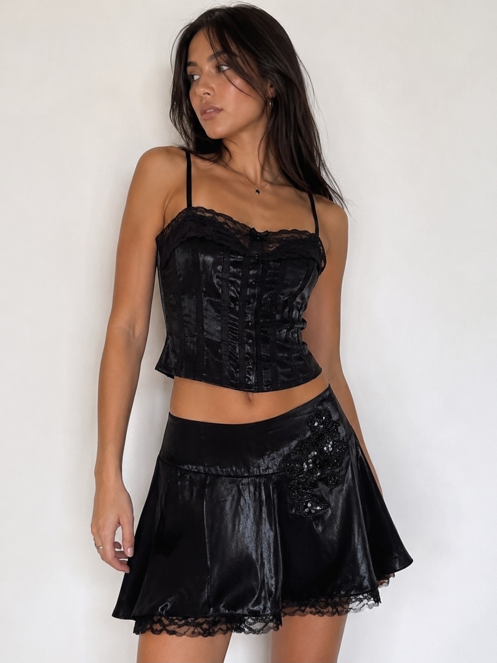 Vintage Y2K Arden B. Black Satin Sequin Appliqué Lace Trim Mini Skirt NWT XS